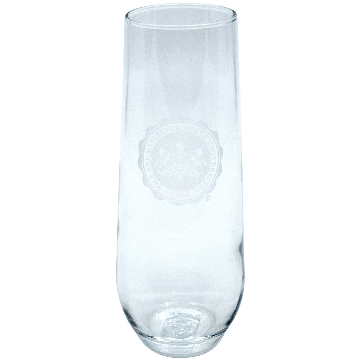 stemless champagne flute with etched Pennsylvania State University Seal